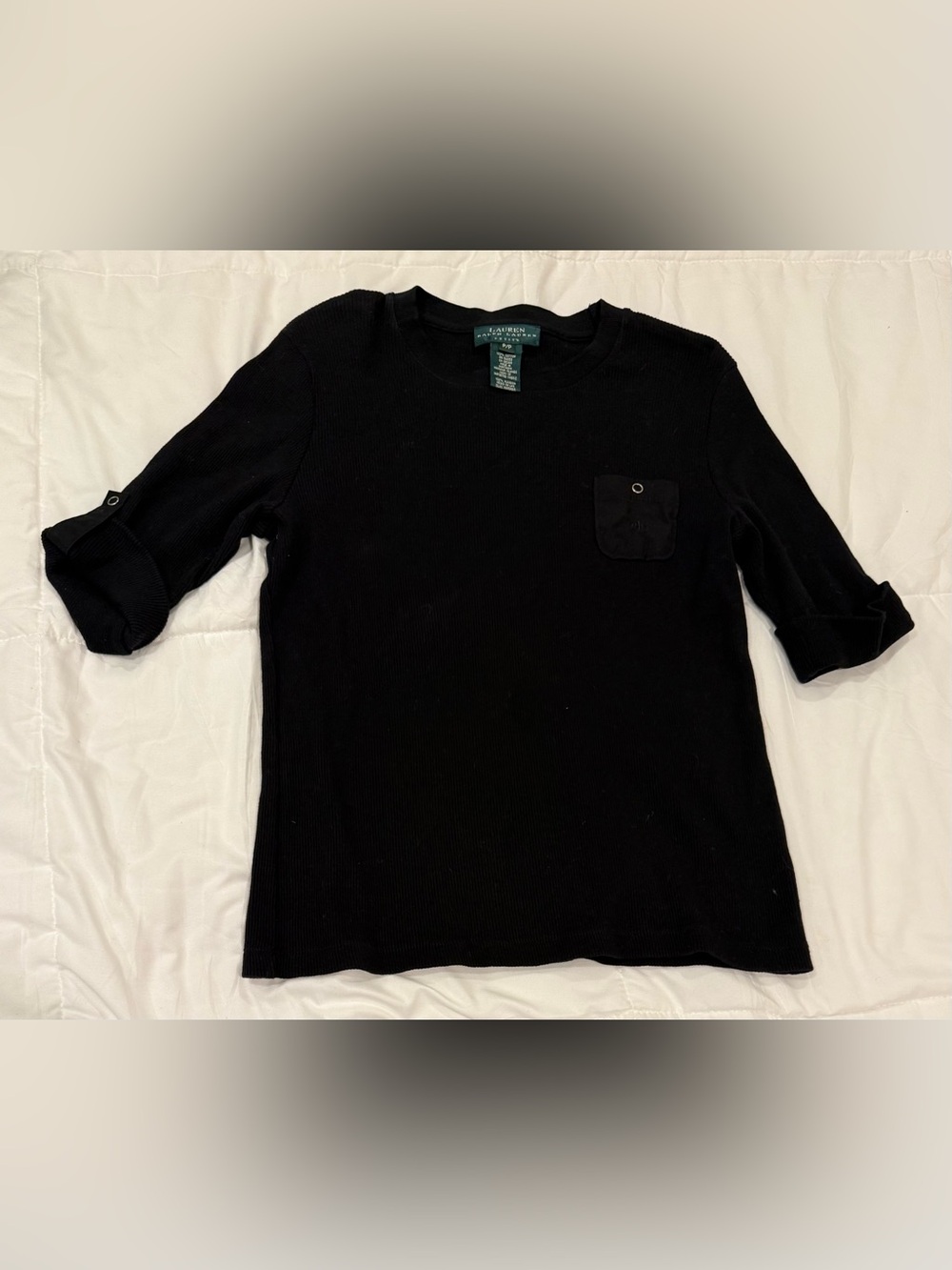 Lauren Ralph Lauren Petite Black Ribbed Knit 3/4 Button Tab Sleeve Pocket P/P
